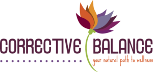 Corrective Balance LLC logo consisting of a purple, orange, and yellow flower with the phrase "Your natural path to wellness" underneath.